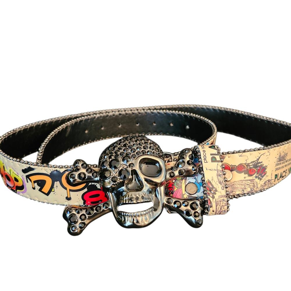 Rhinestone Graffiti Pattern Skull Crossbones Buckle Belt by Agutalithic Punk NEW